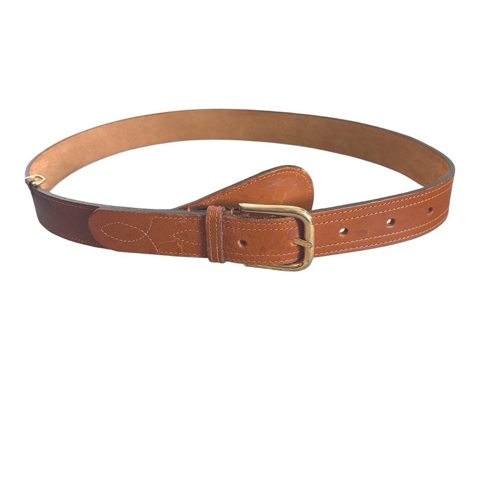 Richmark Vintage Italian Leather Cognac Brown Belt Gold Buckle Stitched Medium